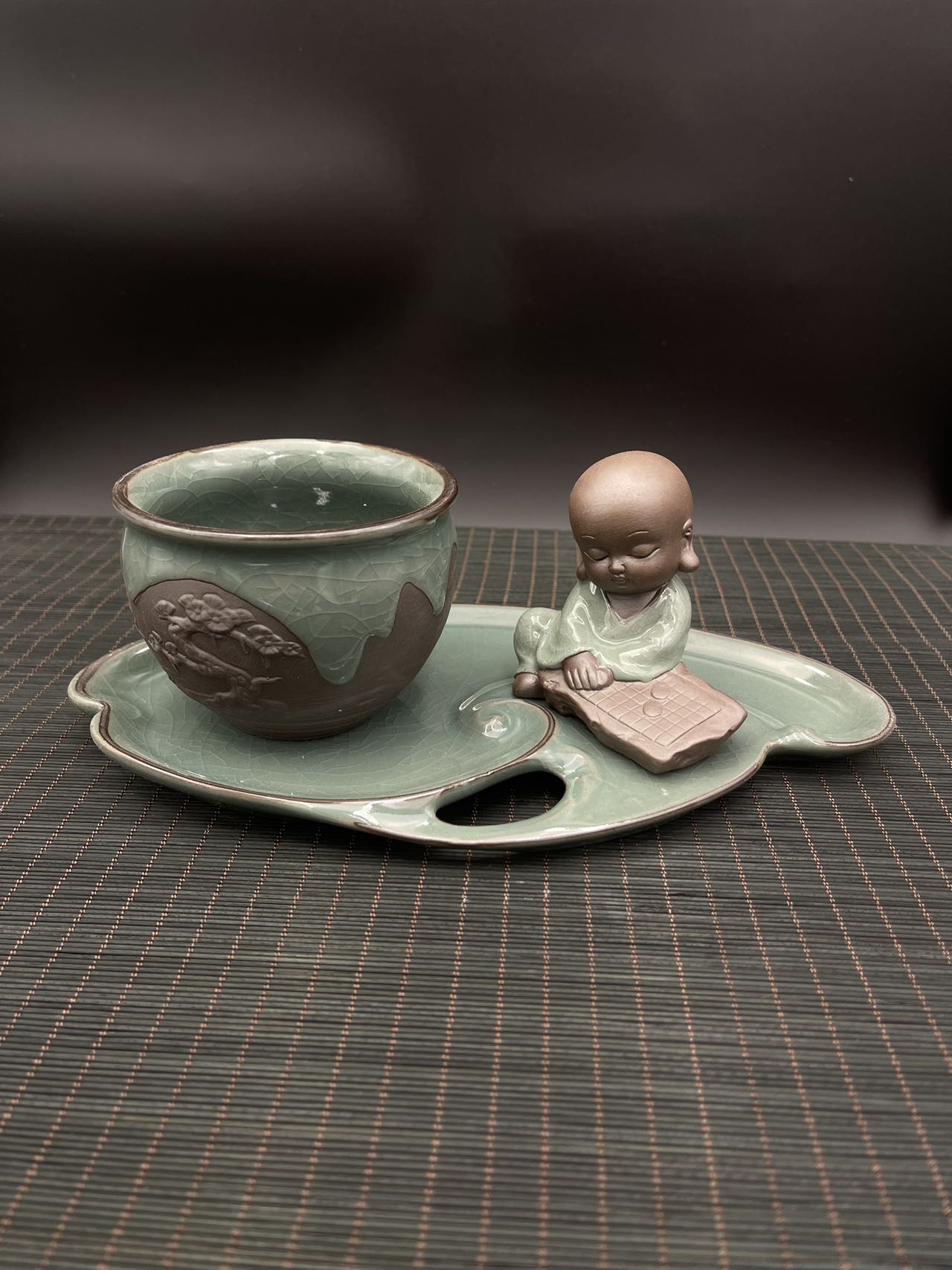 Small Ceramic Glazed Flower Pot with Tray and Buddha Figurine