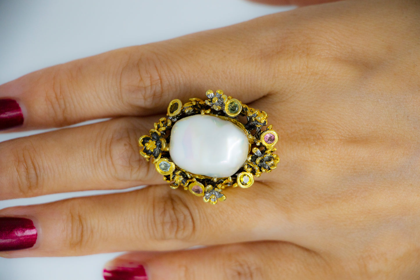 Baroque Pearl Flower Tourmaline Statement Ring