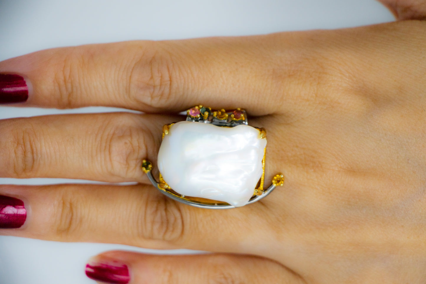 Baroque Pearl Tourmaline Art Deco Statement Ring