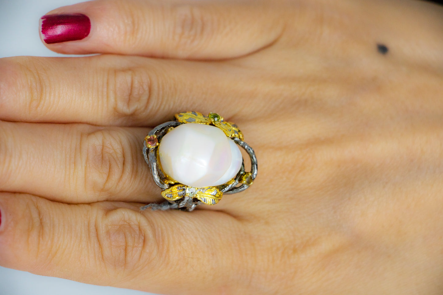 Baroque Pearl Branch Tourmaline Statement Ring