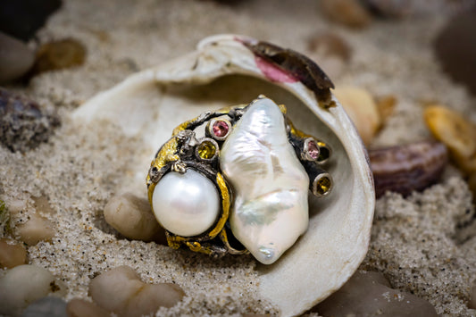 Baroque Pearl Tropical Frog Statement Ring
