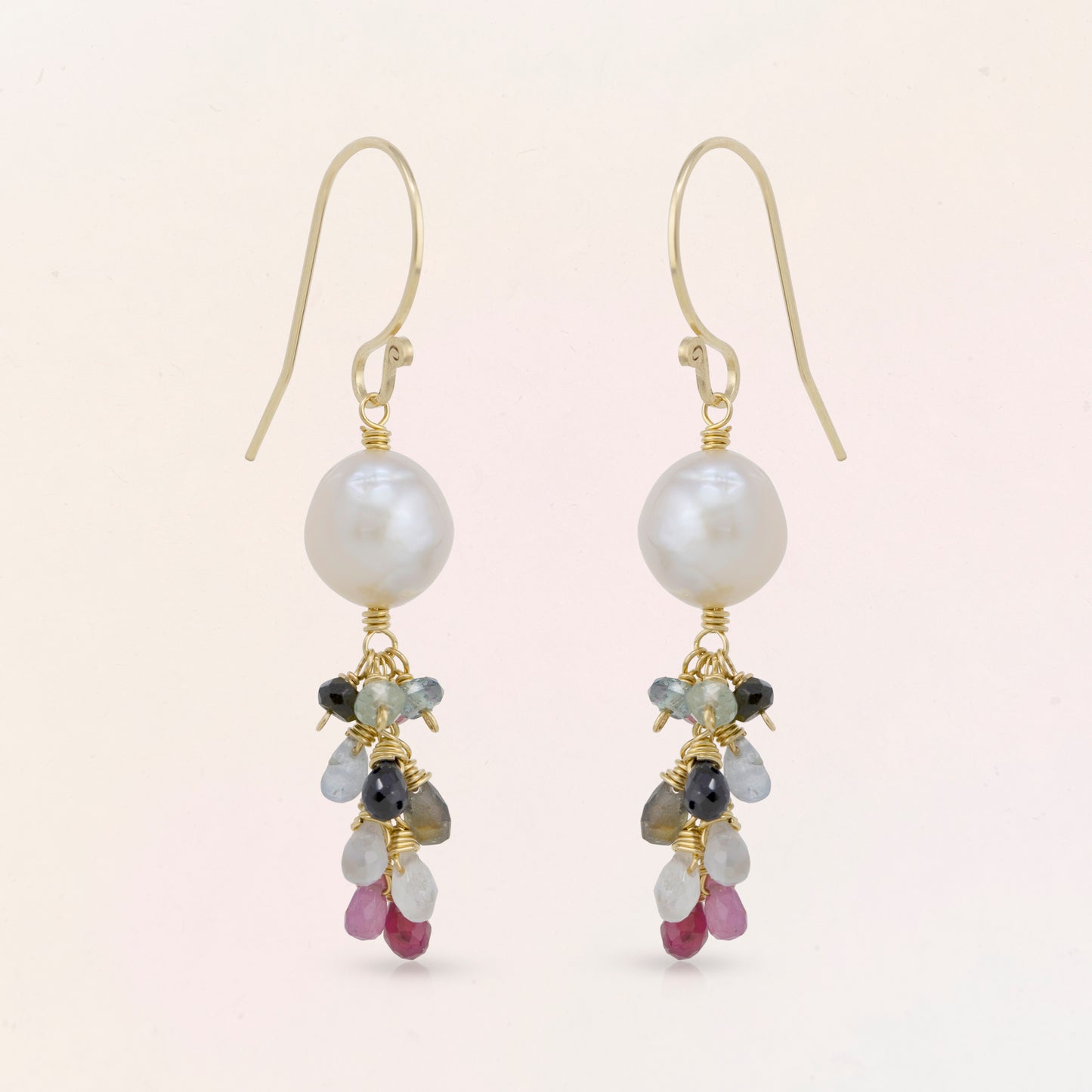 Pearl Drop Earrings with Gemstone Cluster