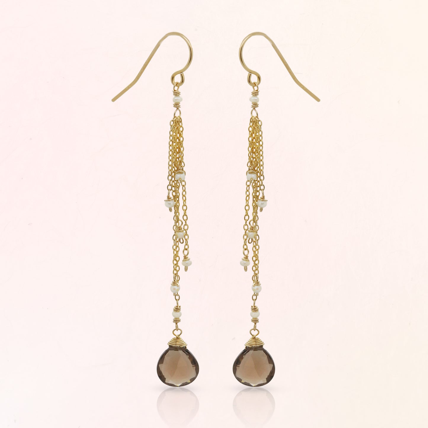 Smokey Quartz and Pearl Chain Earrings