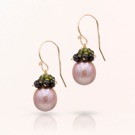 Edison Pearl Earrings with Green Tourmaline Cluster