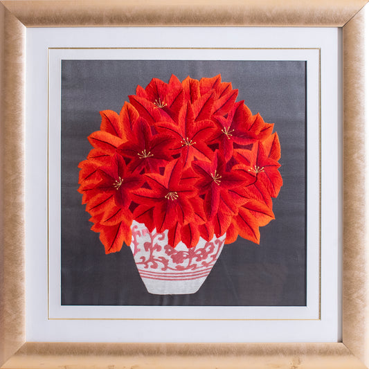 Red Lilies - Silk Art Framed and Matted