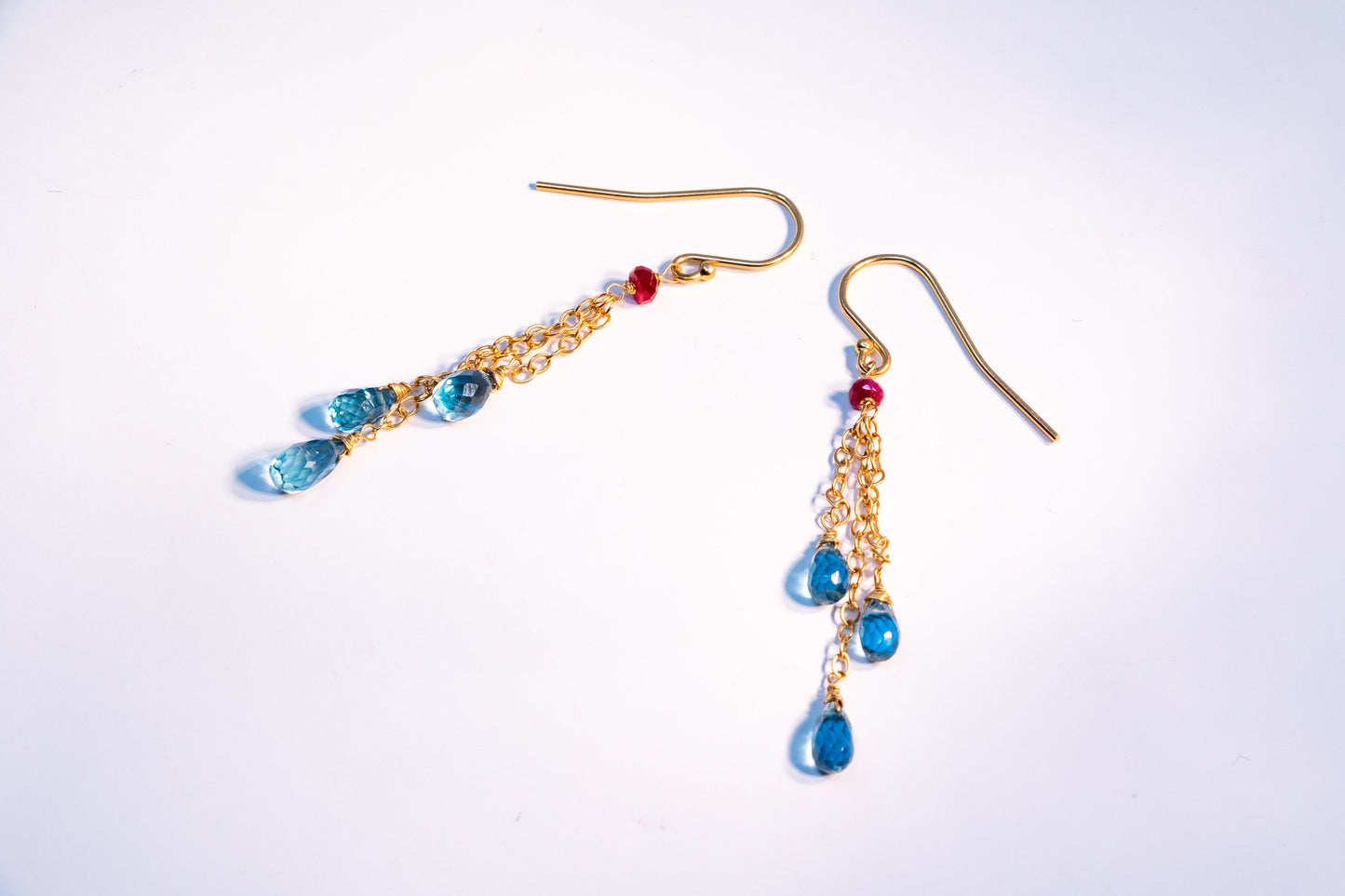 Topaz & Ruby 14k gold chain earrings