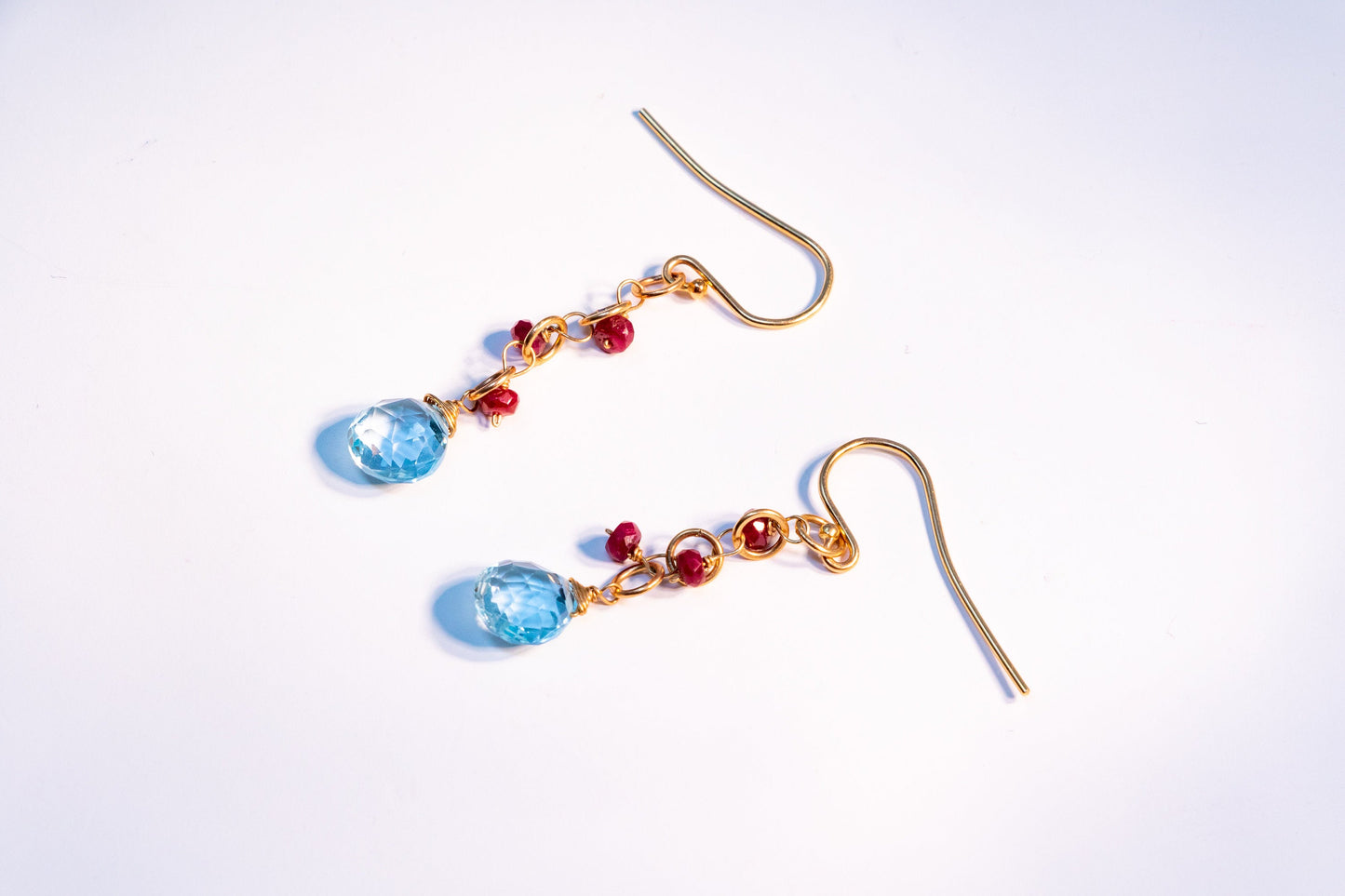 Topaz & Ruby 14k gold chain earrings