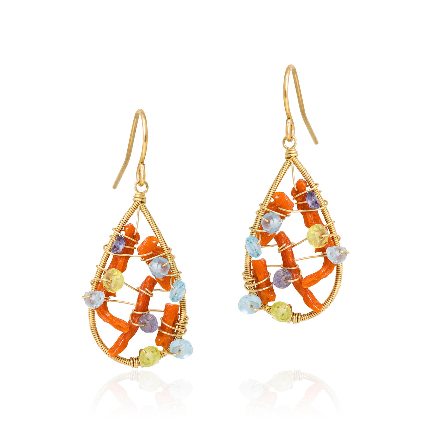Italian Coral and Multi Stone Hoop Earring