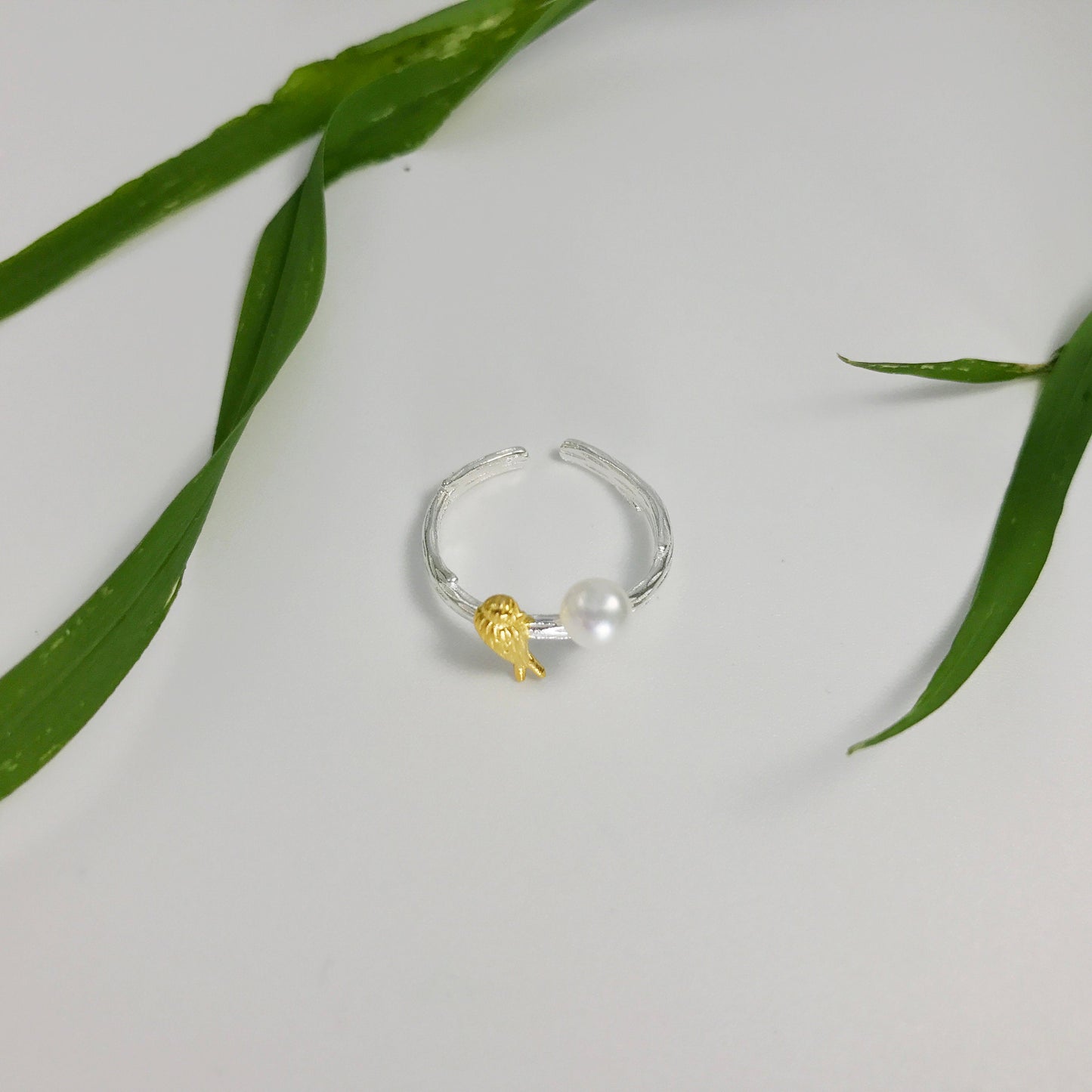 Gold Songbird Sterling Silver Pearl Ring