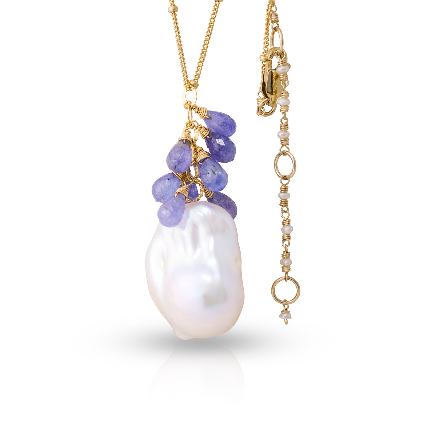 Baroque Pearl Pendant w/ Tanzanite Gold Chain Adjustable Necklace