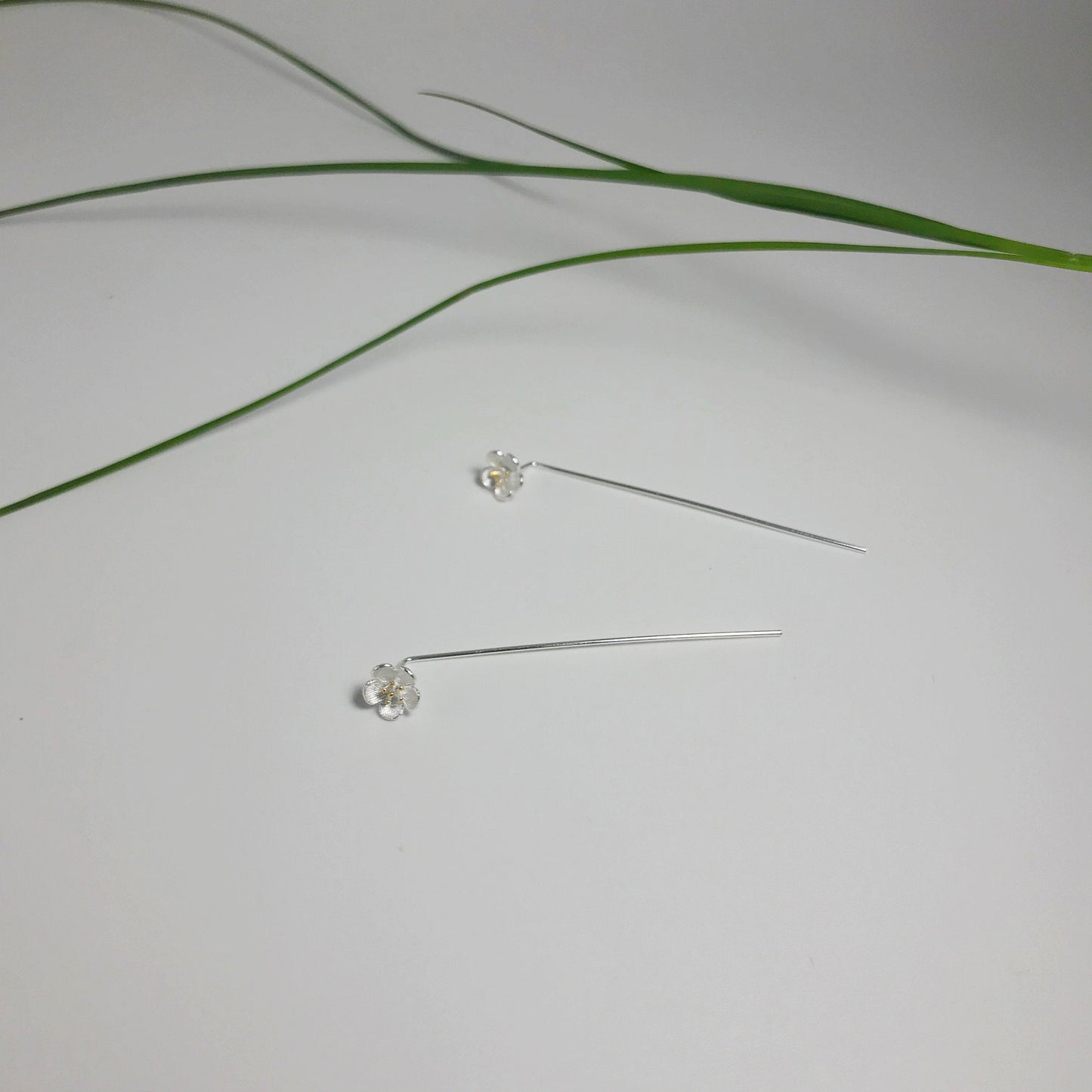 Cherry Blossom on Stem Sterling Silver Earrings