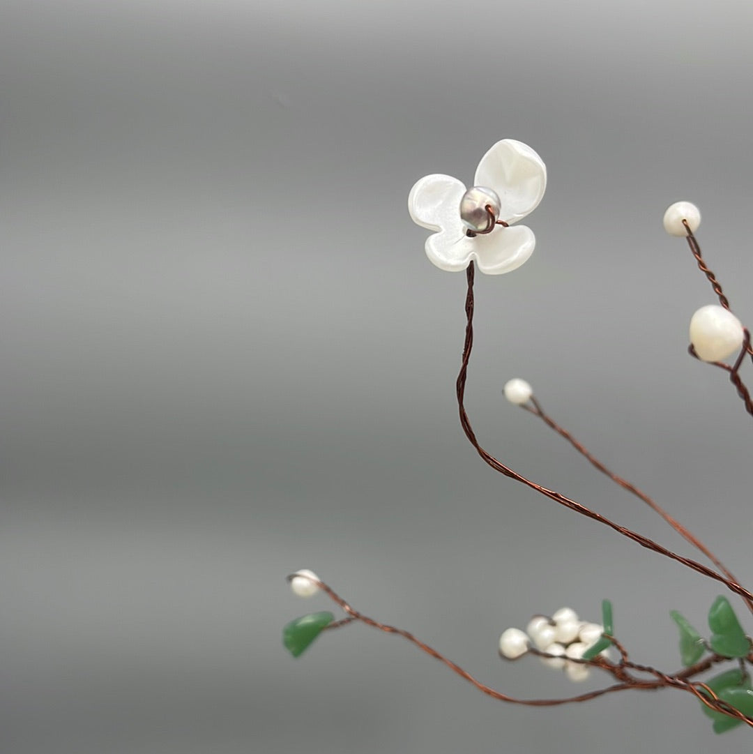 Pearl Branch with Jade Leaves and Ceramic Vase