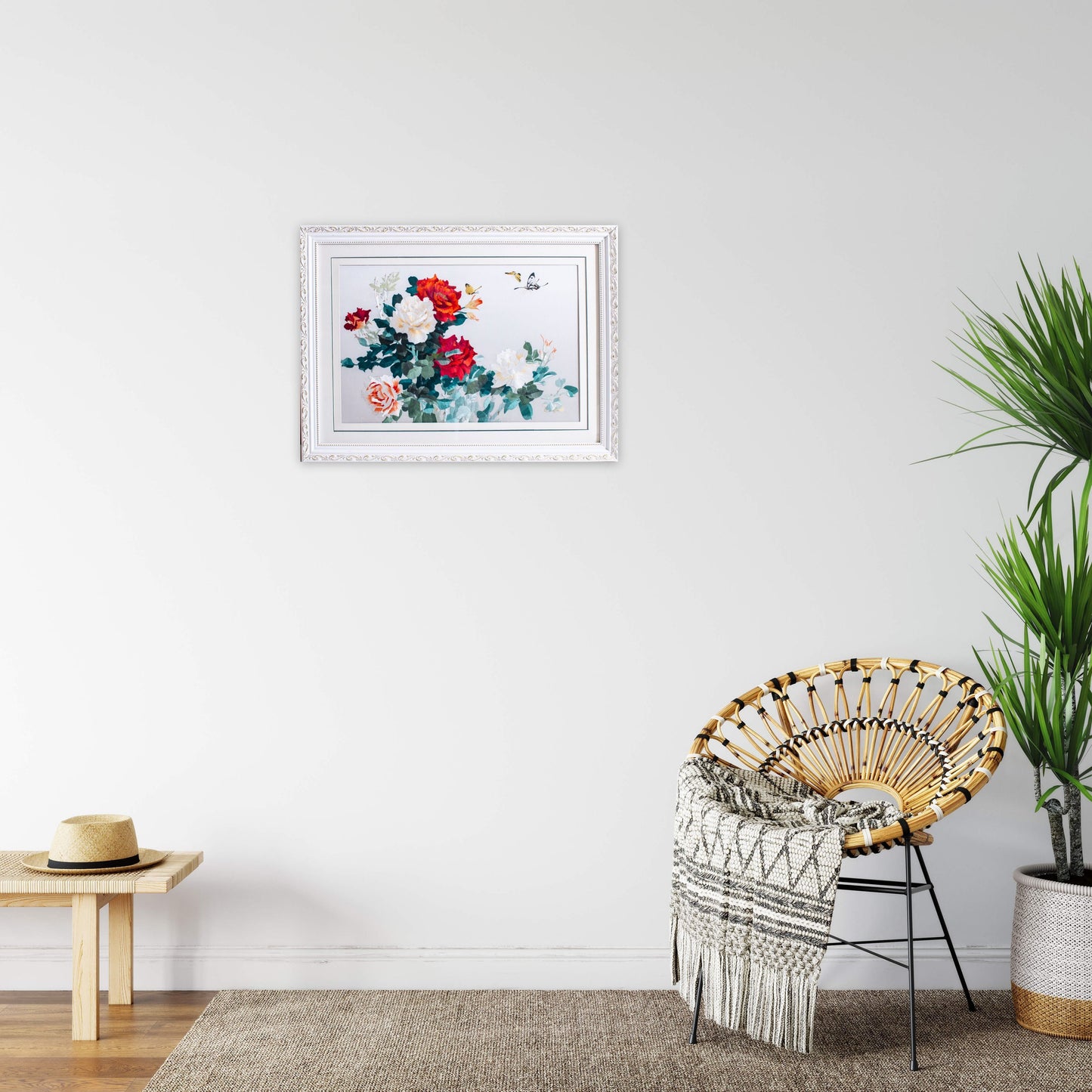 Butterfly and Flowers - Silk Art Framed and Matted