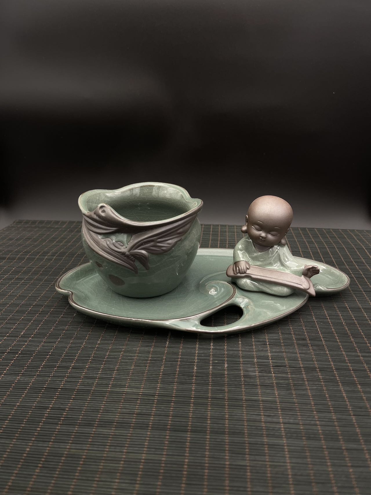 Small Ceramic Glazed Flower Pot with Tray and Buddha Figurine