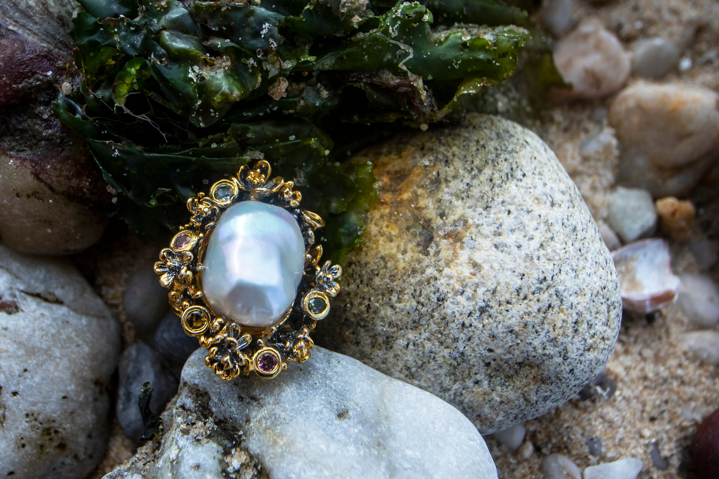 Baroque Pearl Flower Tourmaline Statement Ring