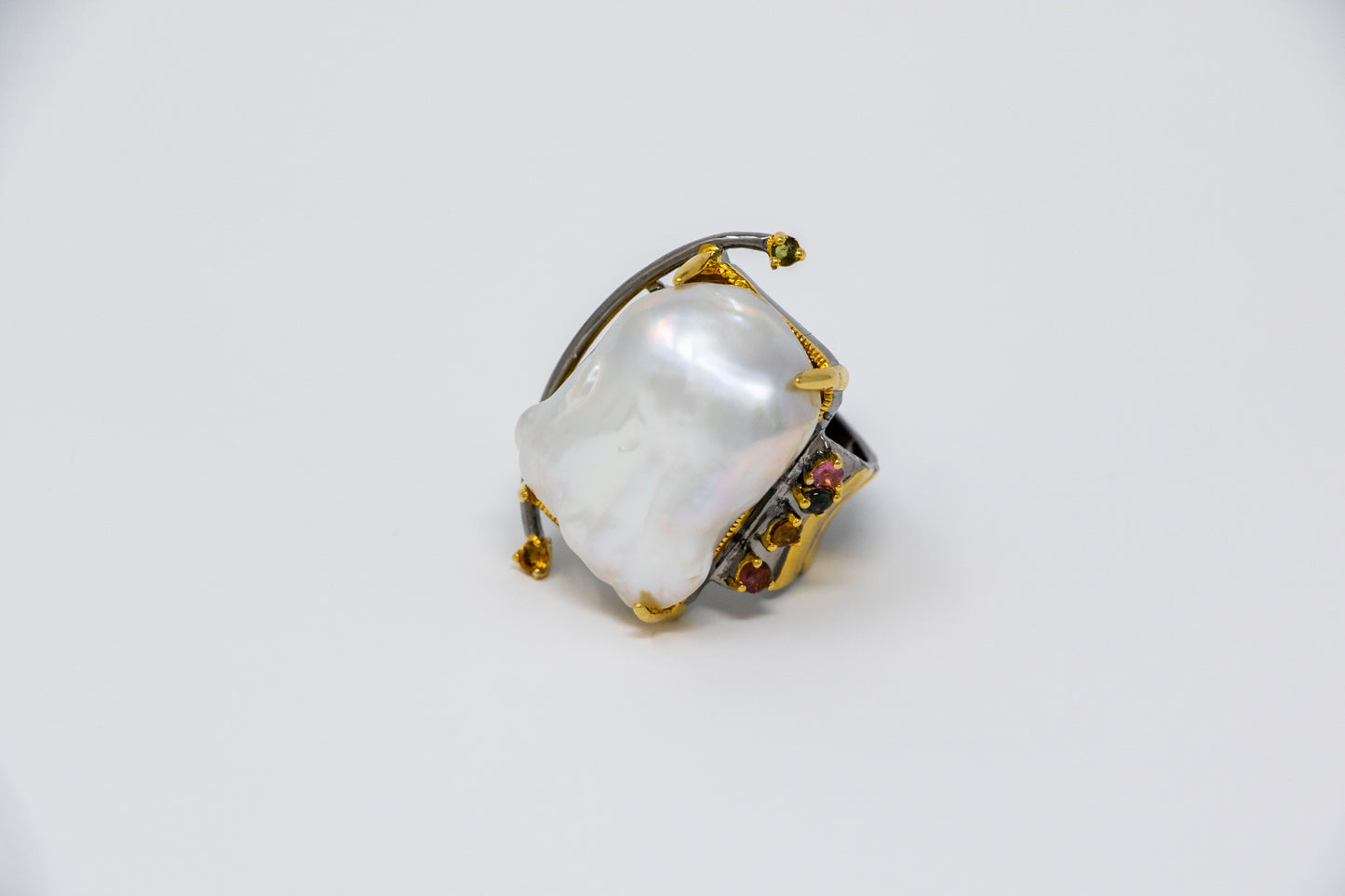 Baroque Pearl Tourmaline Art Deco Statement Ring