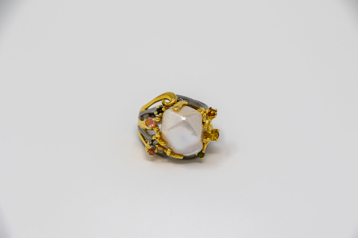 Baroque Pearl Coral Tourmaline Statement Ring