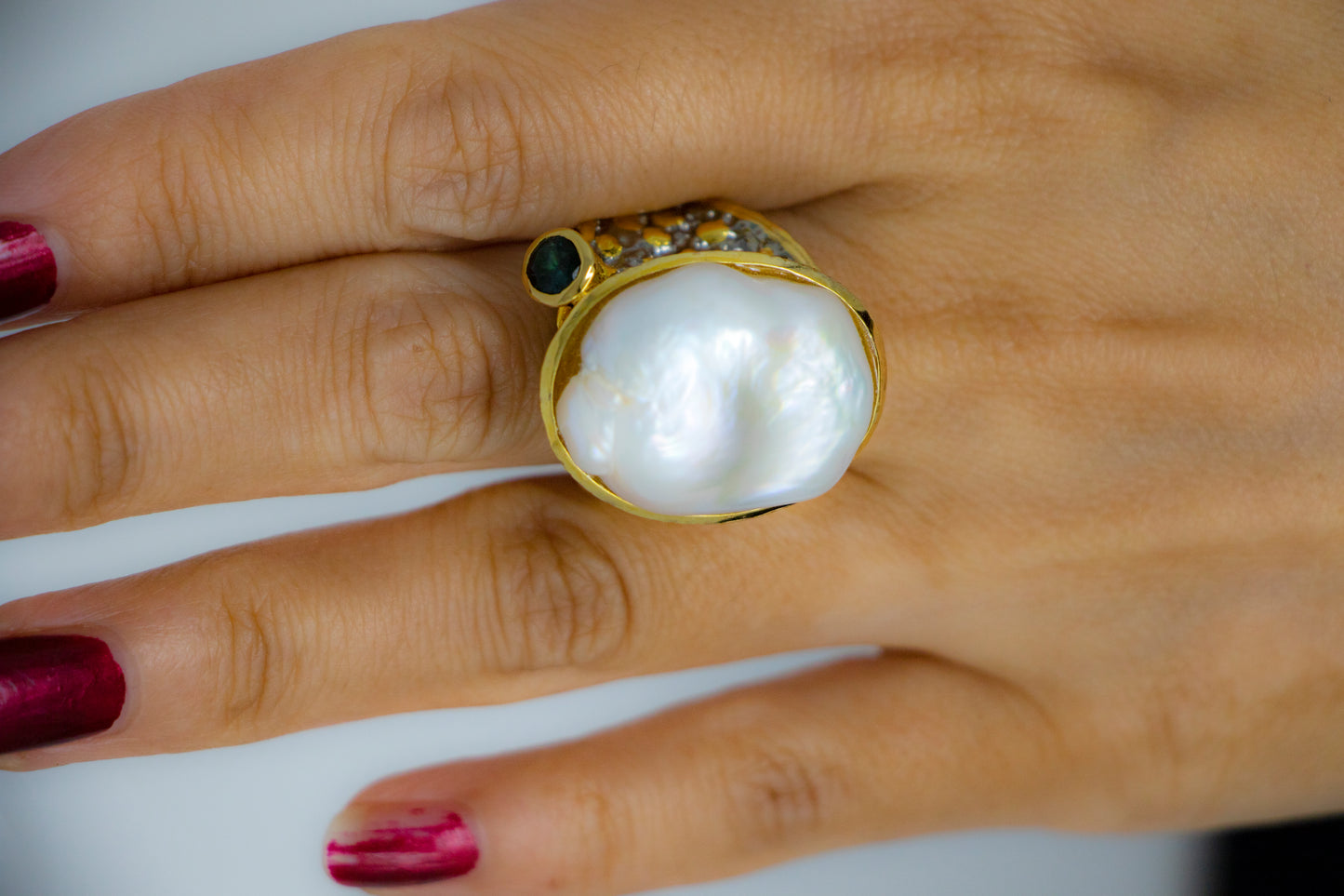 Baroque Pearl Art Deco Tourmaline Statement Ring