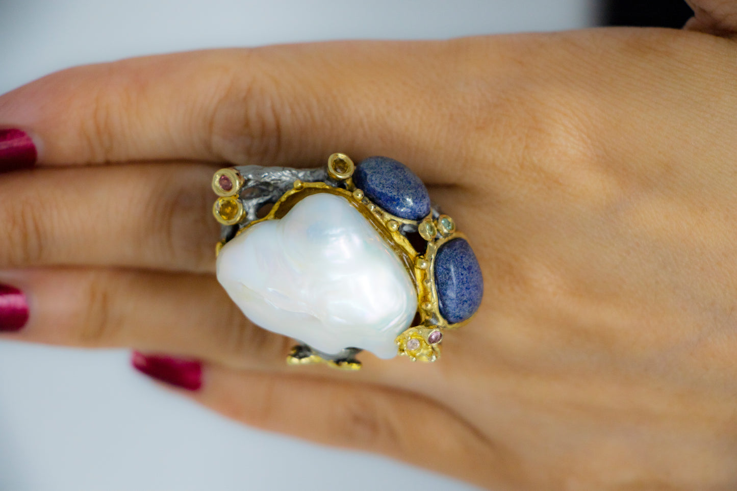 Baroque Pearl Tree Owl Statement Ring