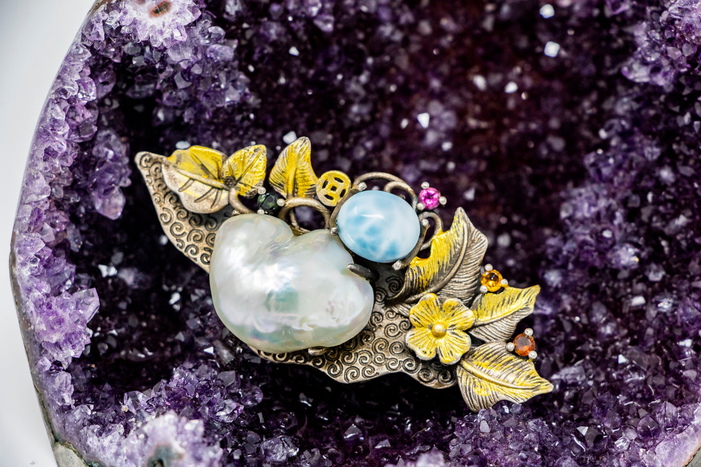 Baroque Pearl and Larimar Flower Broach Pendant