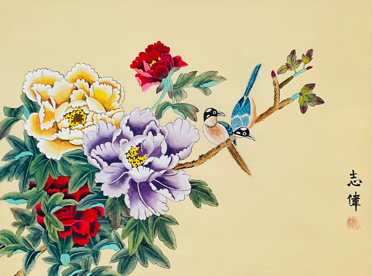 Bird Love Flower - Fine Art Painting on Silk