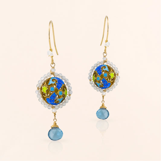 Cloisonne Earring with Labradorite and Topaz Drops