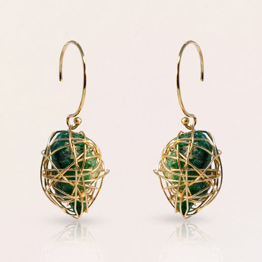 Wire Wrapped Rough Emerald Earrings