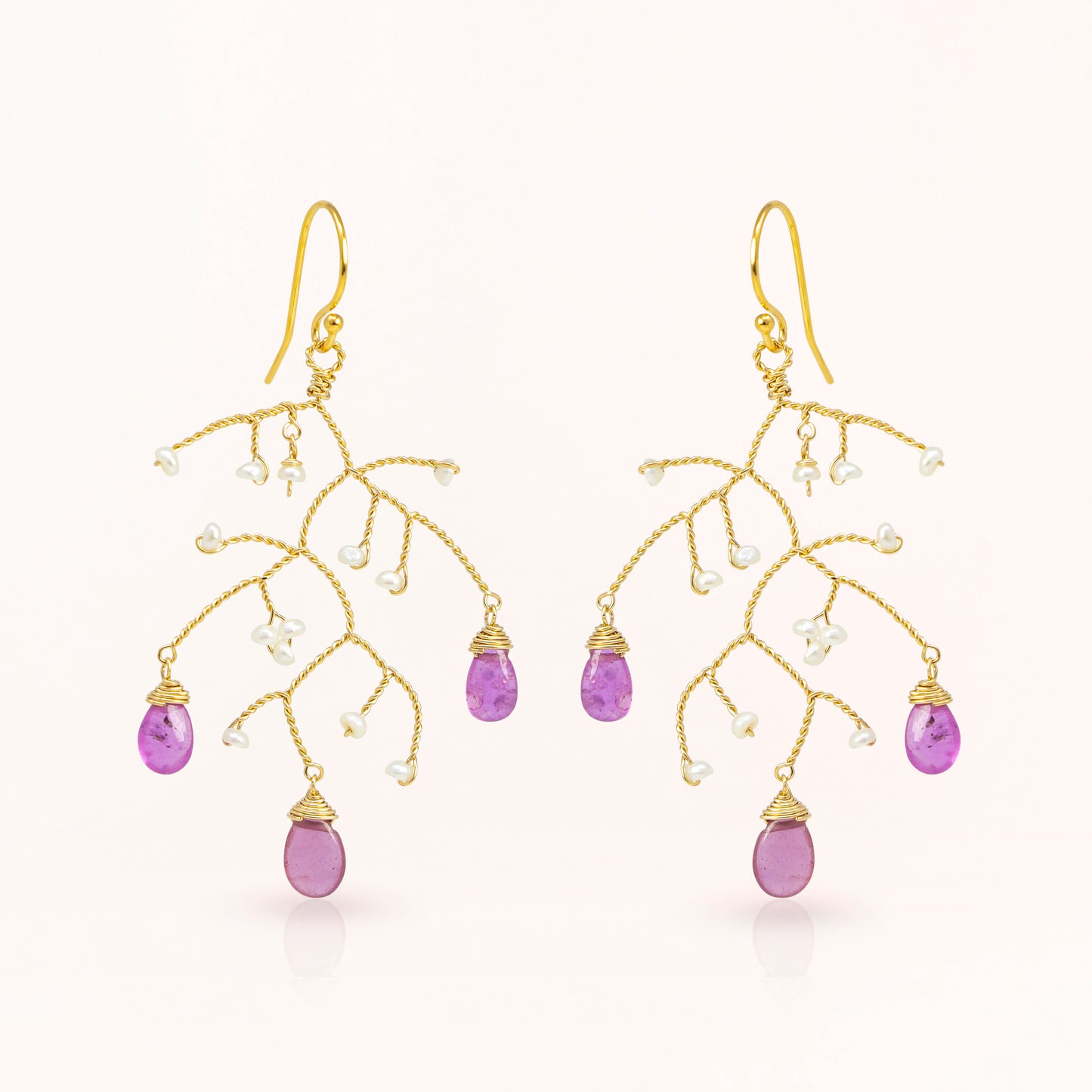 Pink Sapphire and Pearl Branch Earrings