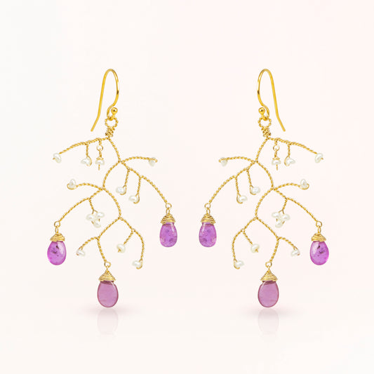 Pink Sapphire and Pearl Branch Earrings