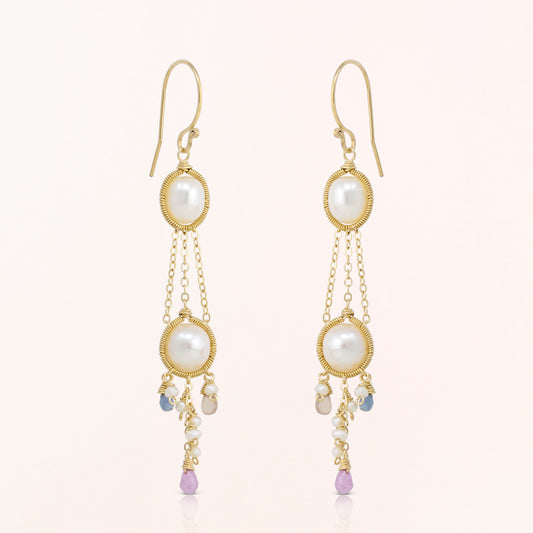 Double Pearl Earrings with Tourmaline Cluster