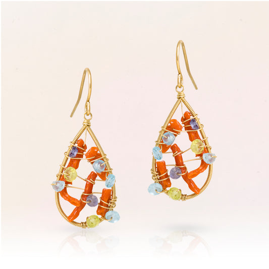 Italian Coral and Multi Stone Hoop Earring