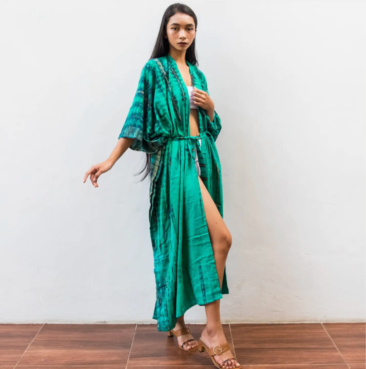 BALI HARVEST - Tie Dye Kimono Cover Up (Green) - Bikini Beach Robe Dress