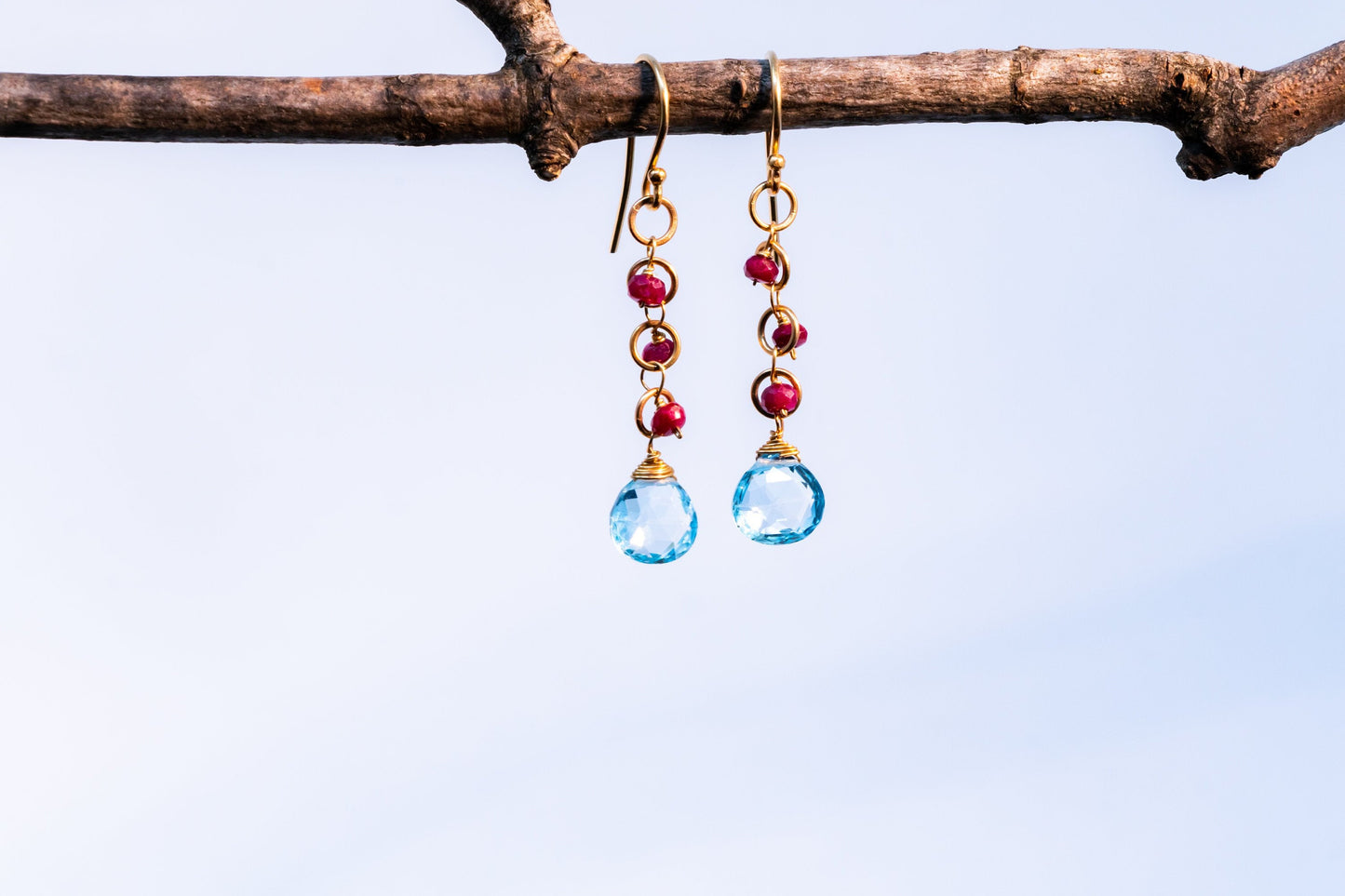 Topaz & Ruby 14k gold chain earrings