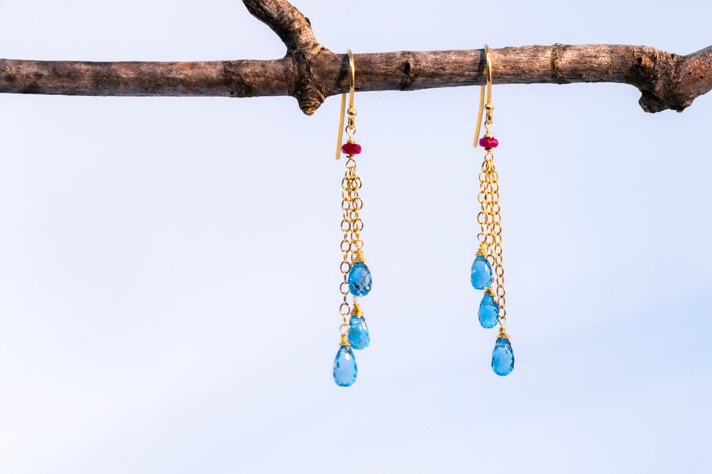 Topaz & Ruby 14k gold chain earrings
