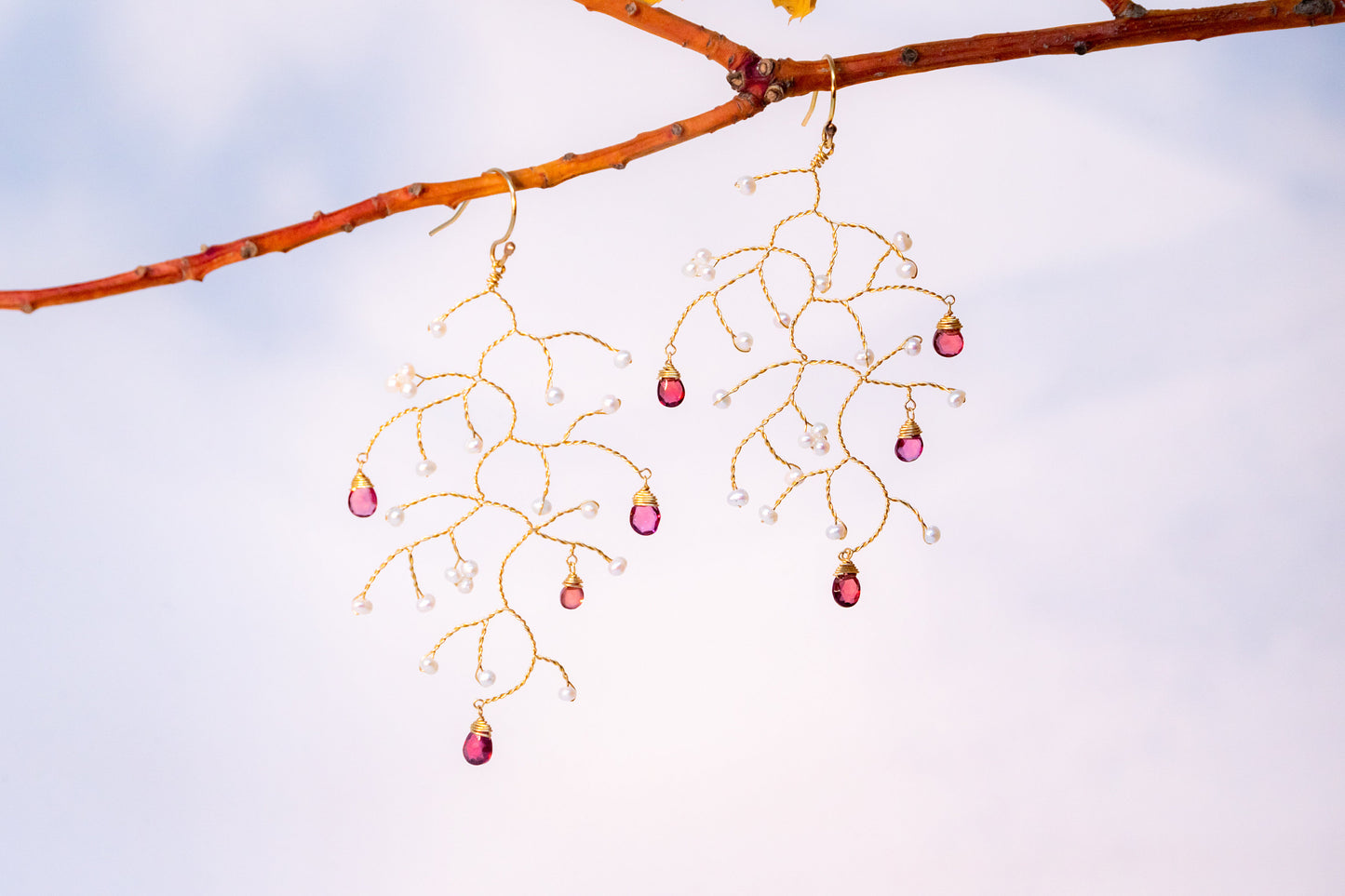 Garnet & Pearl Tree of Life Earring