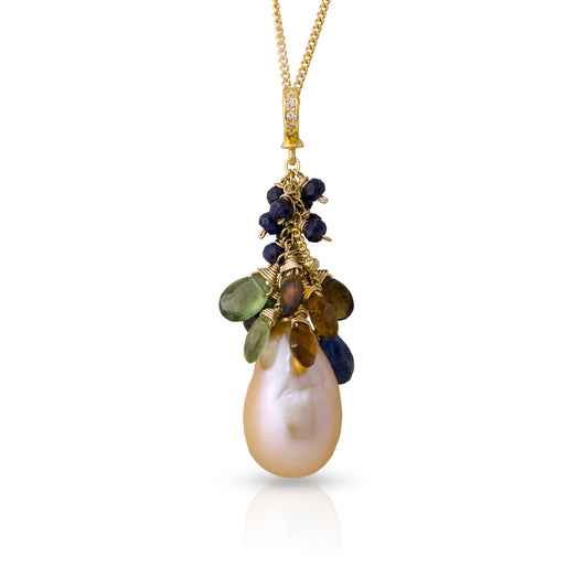 Baroque Pearl Pendant w/ Peridot Citrine & Lapis Lazuli South China Genuine Pearl Handmade Pendant