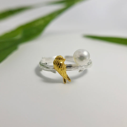 Gold Songbird Sterling Silver Pearl Ring