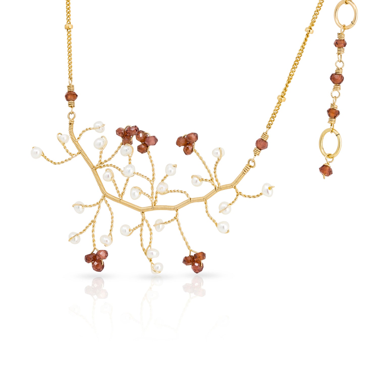Garnet Tree of Life Necklace w/ Pearl Gold Chain Adjustable Necklace