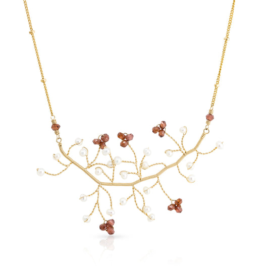 Garnet Tree of Life Necklace w/ Pearl Gold Chain Adjustable Necklace