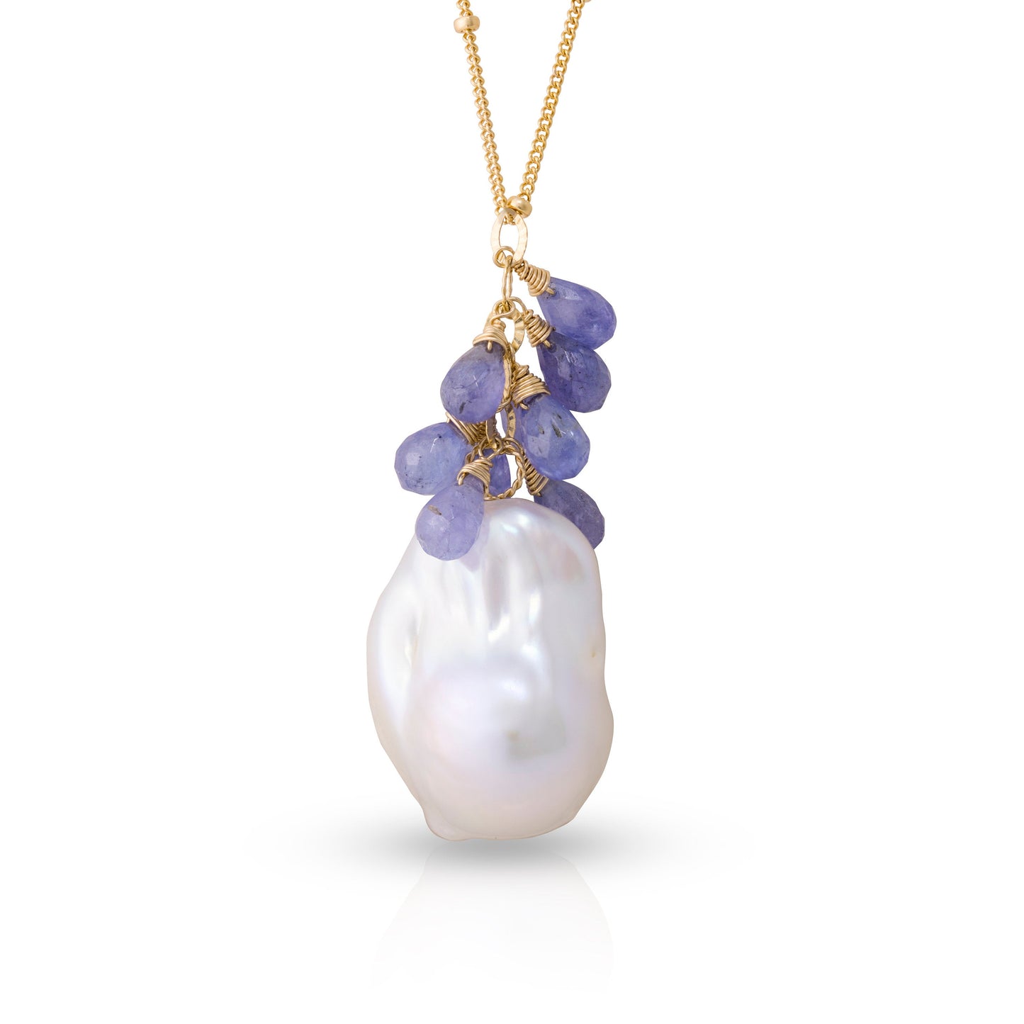 Baroque Pearl Pendant w/ Tanzanite Gold Chain Adjustable Necklace