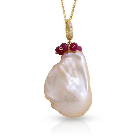 Baroque Pearl Pendant w/ Ruby South China Genuine Pearl Handmade Pendant