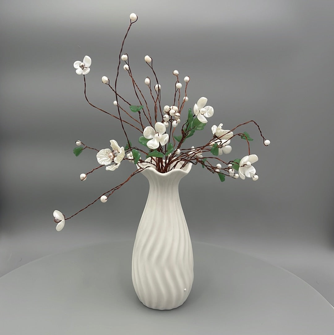 Pearl Branch with Jade Leaves and Ceramic Vase
