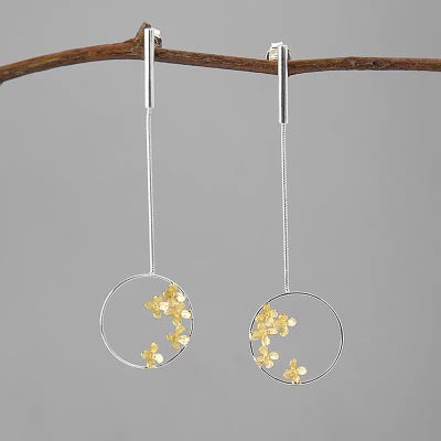 Dangle Silver Hoop with Gold Flowers