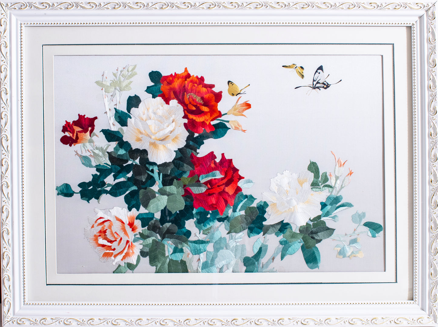 Butterfly and Flowers - Silk Art Framed and Matted